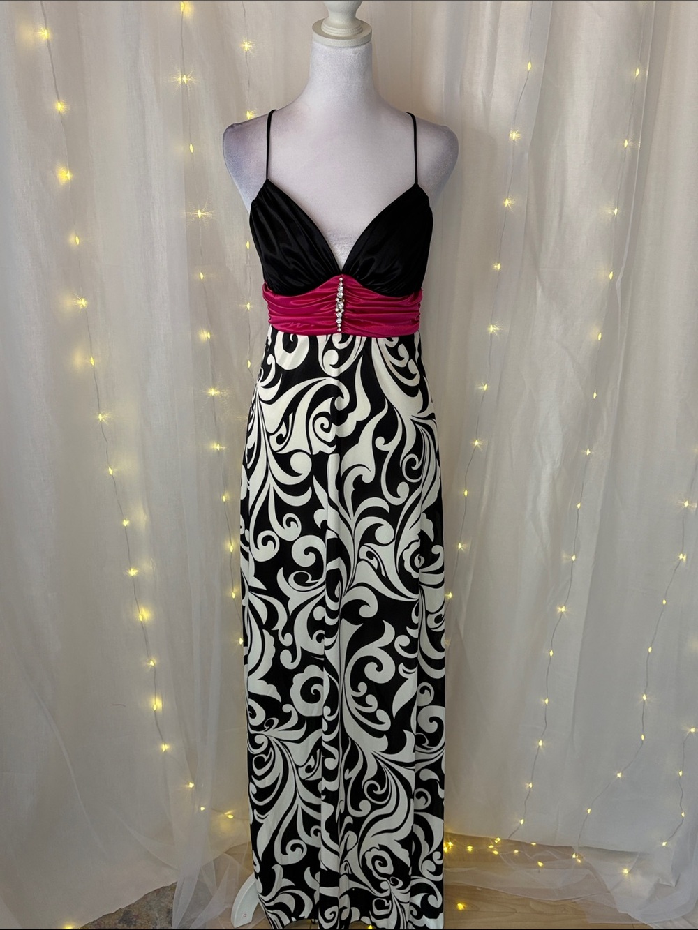 B Darlin Black, White & Fuchsia Maxi Dress with Embellished Waist